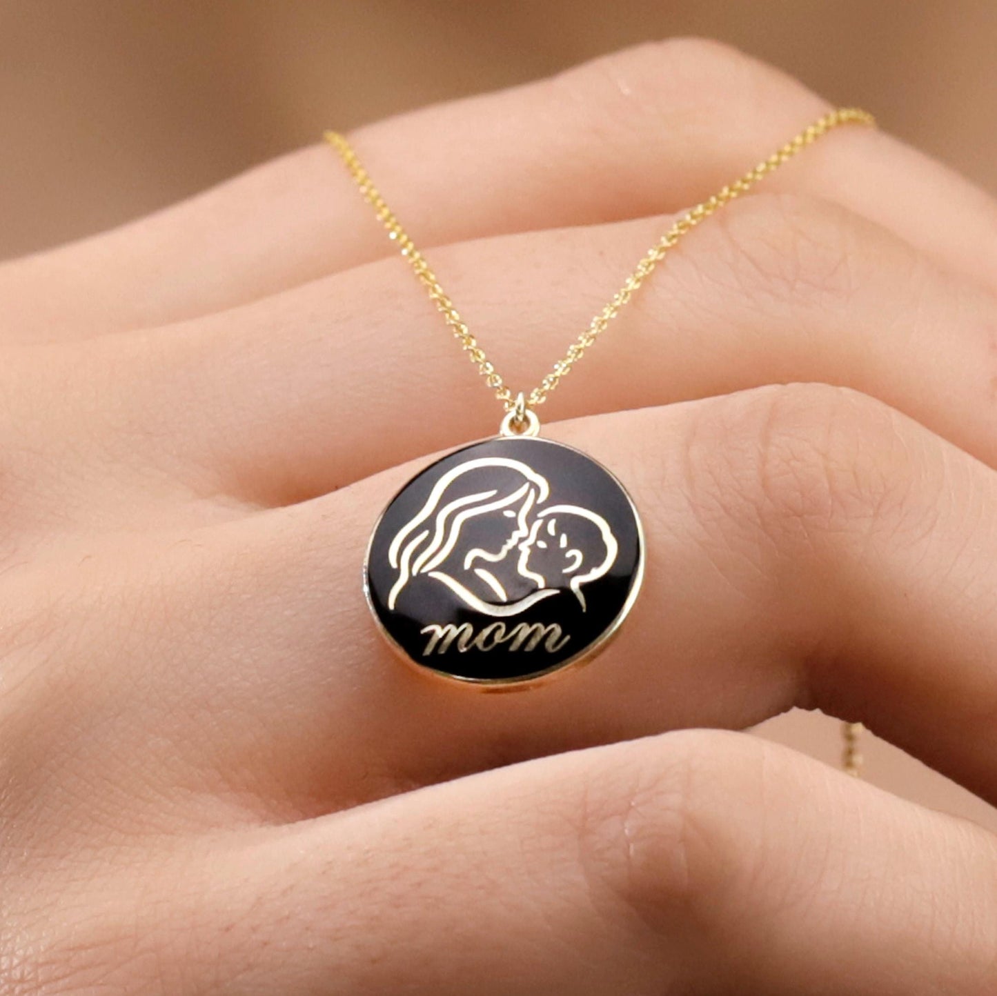 Gold Enamel Mom Necklace, 925 Sterling Silver Necklace, Medallion Necklace, Mom and Baby Pendant, Anniversary Jewelry, Gift for Women