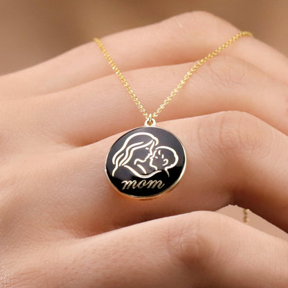 Gold Enamel Mom Necklace, 925 Sterling Silver Necklace, Medallion Necklace, Mom and Baby Pendant, Anniversary Jewelry, Gift for Women