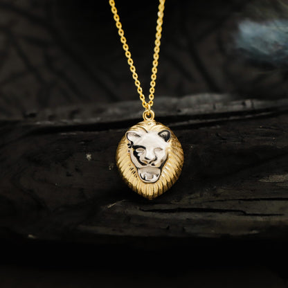 3D Gold Lion Head Necklace, Sterling Silver Two-Tone Pendant, Animal King Leo Jewelry