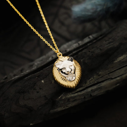 3D Gold Lion Head Necklace, Sterling Silver Two-Tone Pendant, Animal King Leo Jewelry