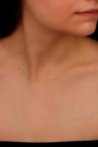 Gold Sideways Cross Necklace • CZ Stone Tiny Pendant Jewelry
