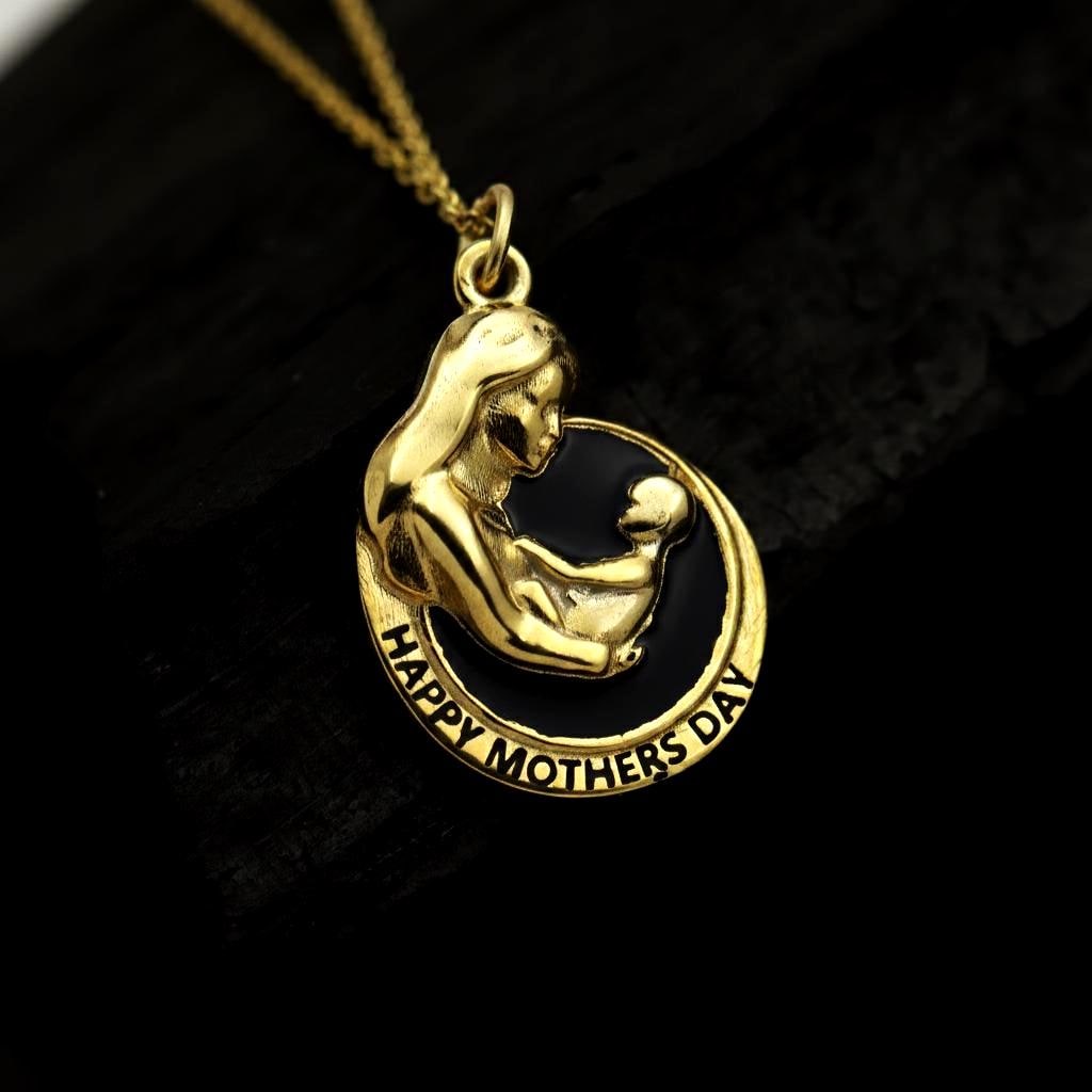 Gold Enamel Mom Baby Necklace, Sterling Silver, Mother's Day Pendant, Anniversary Gift