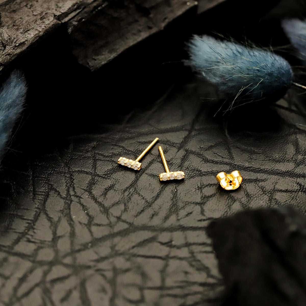 Gold Bar Stud Earrings, Sterling Silver Micro Pave CZ Diamond Minimalist Stick Earring