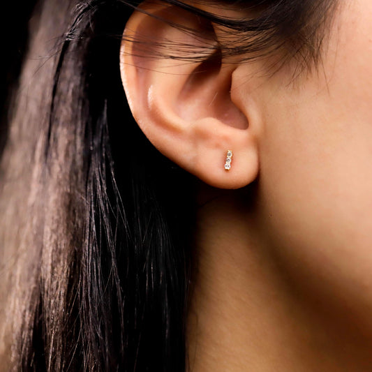 Gold Bar Stud Earrings, Sterling Silver Micro Pave CZ Diamond Minimalist Stick Earring
