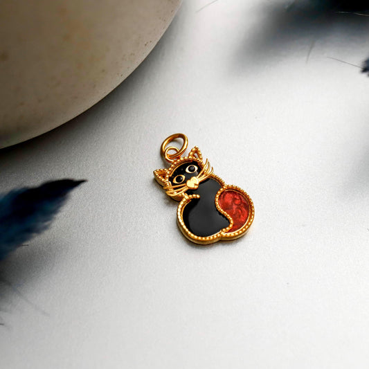 Gold Engraved Black Cat Enamel Pendant, Sterling Silver, Minimalist Animal Charm