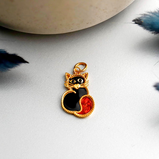 Gold Engraved Black Cat Enamel Pendant, Sterling Silver, Minimalist Animal Charm