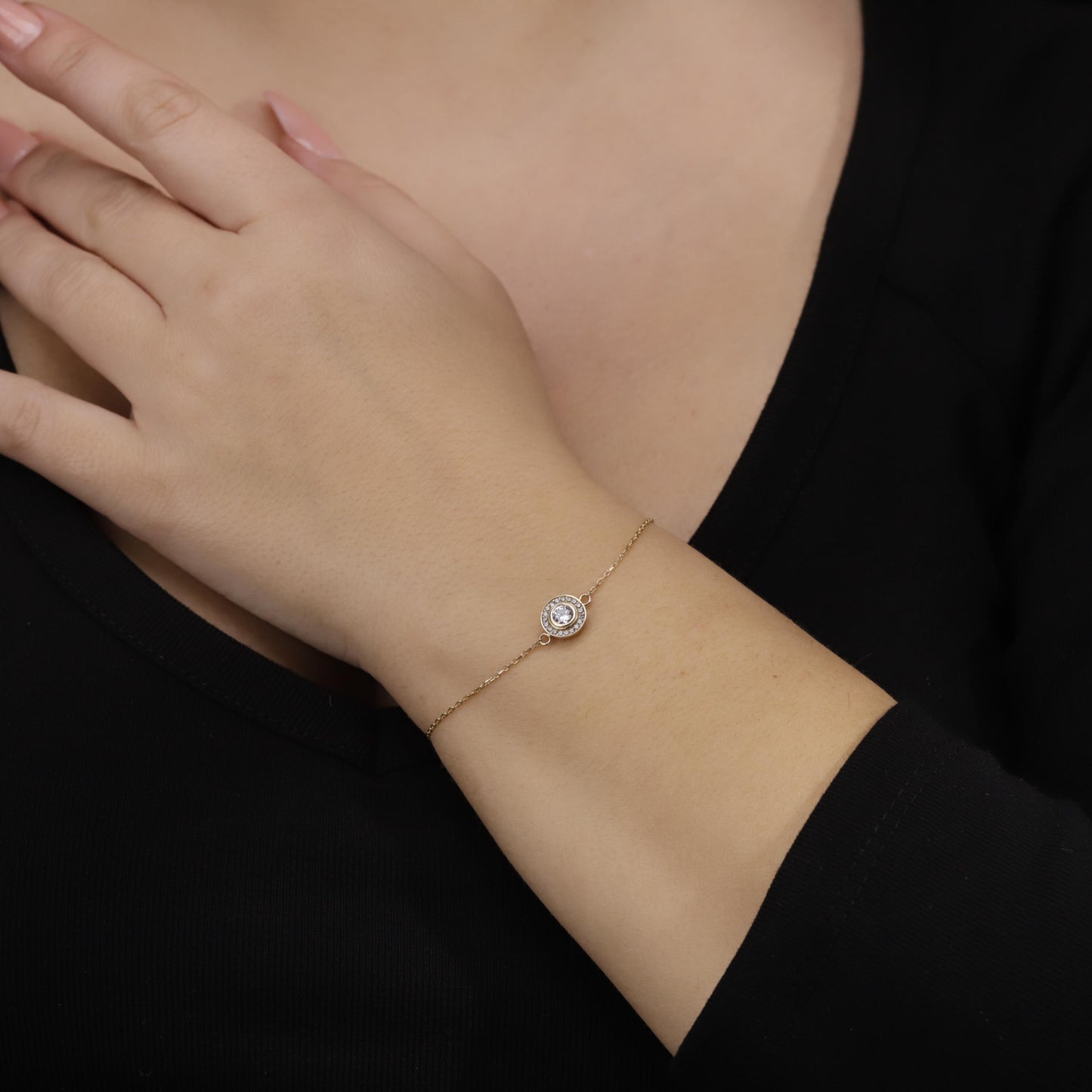 Dainty Crystal Halo Bracelet, 14K Gold Filled Sparkling Gift for Her