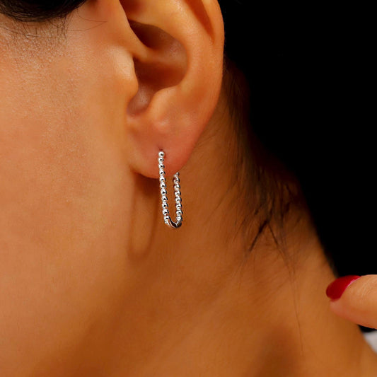 Solid 925 Sterling Silver Beaded Ball Rectangle Huggie Hoop Earrings