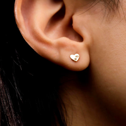 Golden Heart Stud Earrings, Sterling Silver Pave CZ Tiny Jewelry