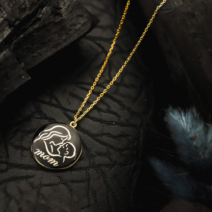 Gold Enamel Mom Necklace, 925 Sterling Silver Necklace, Medallion Necklace, Mom and Baby Pendant, Anniversary Jewelry, Gift for Women