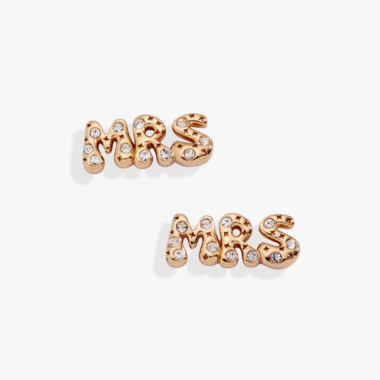 Rose gold 'MR' and 'MS' earrings with clear stones on a white background
