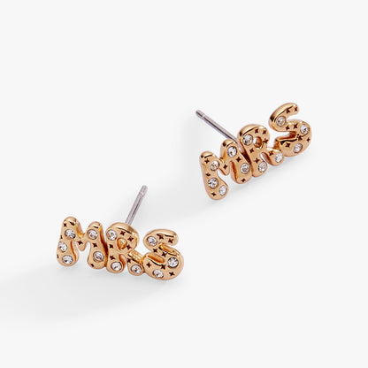 Rose gold 'MRS' earrings with clear stones on a white background