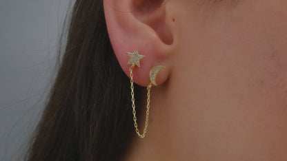 Gold Pave Star and Moon Earrings, Double Moon and Star Pave Stud Earrings, Gold Diamond Dangle Earrings, Waterproof Celestial Earrings - silvergoldandrose
