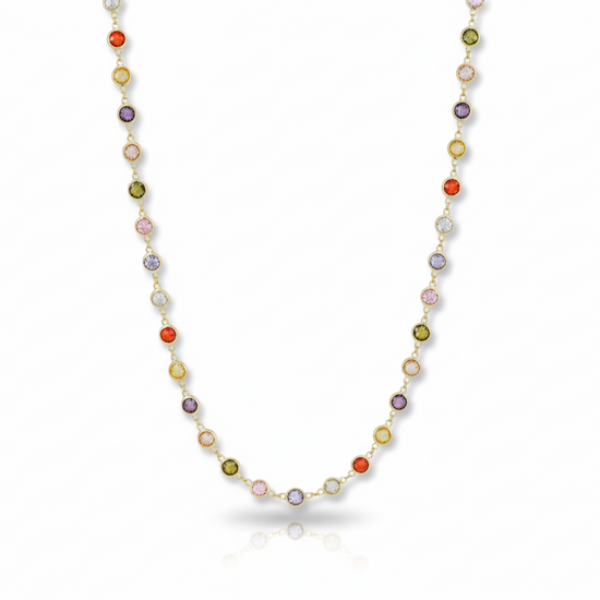 A colorful gemstone necklace with vibrant, multi-colored stones set in a gold chain, hanging against a clean white background. A product by SilverGoldandRose.com.