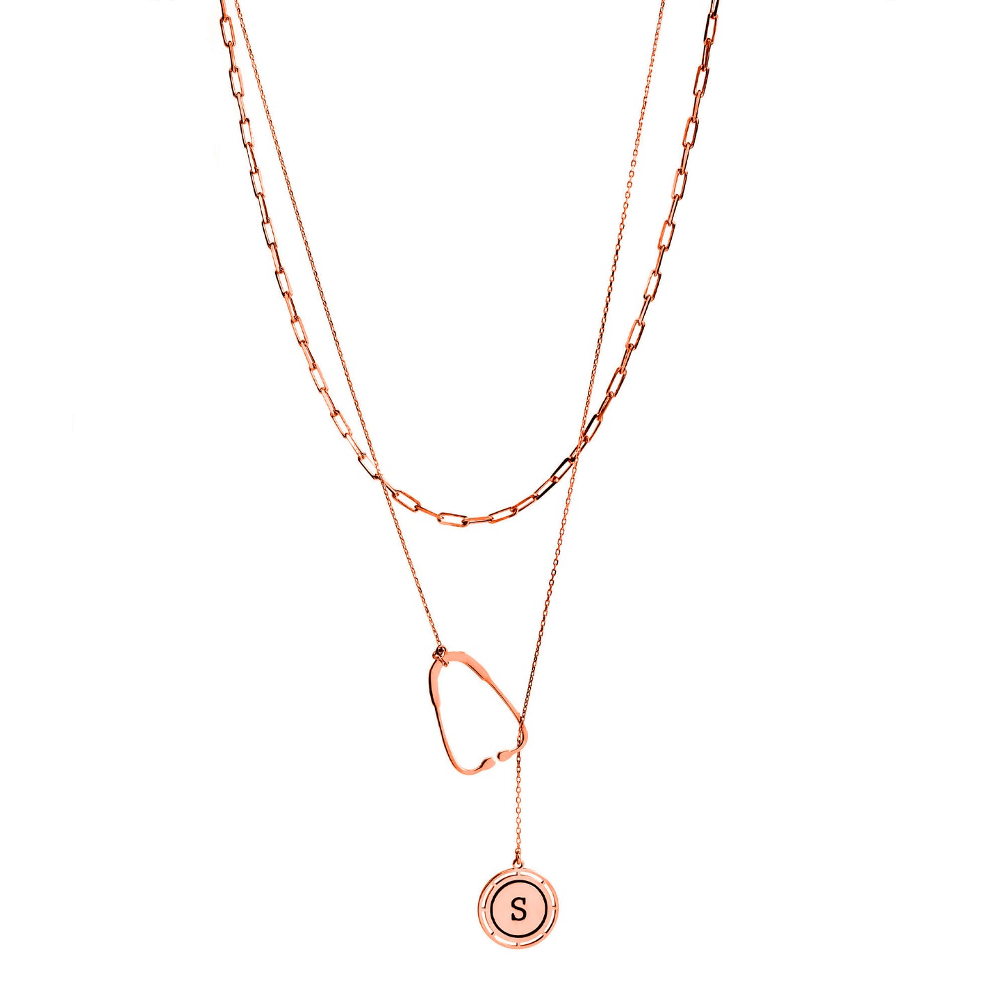 Rose gold necklace with a small round pendant on a white background